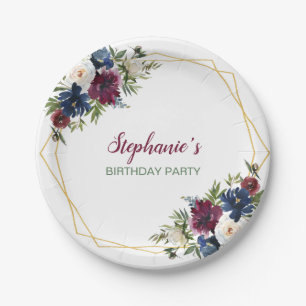 Geometric Frame Burgundy Navy Flowers Birthday Paper Plates