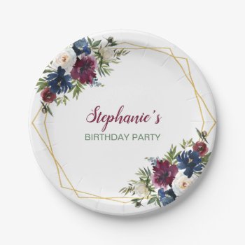 Geometric Frame Burgundy Navy Flowers Birthday Paper Plates by SpecialOccasionCards at Zazzle