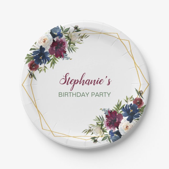 Geometric Frame Burgundy Navy Flowers Birthday Paper Plates (Front)