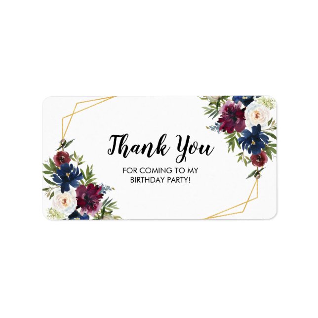 Geometric Frame Burgundy Navy Flowers Thank You Label (Front)