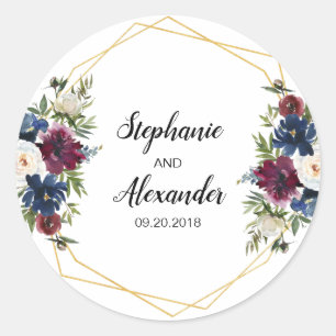Geometric Frame Burgundy Navy Flowers Wedding Classic Round Sticker
