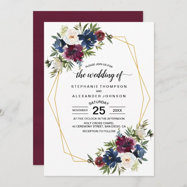 Geometric Frame Burgundy Navy Flowers Wedding Invitation (Front/Back)