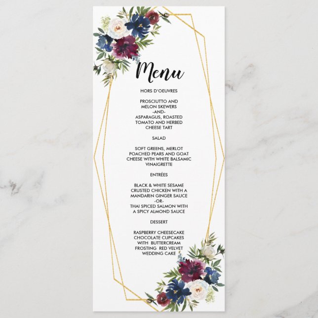 Geometric Frame Burgundy Navy Flowers Wedding Menu (Front)