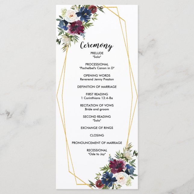 Geometric Frame Burgundy Navy Flowers Wedding Program (Front)