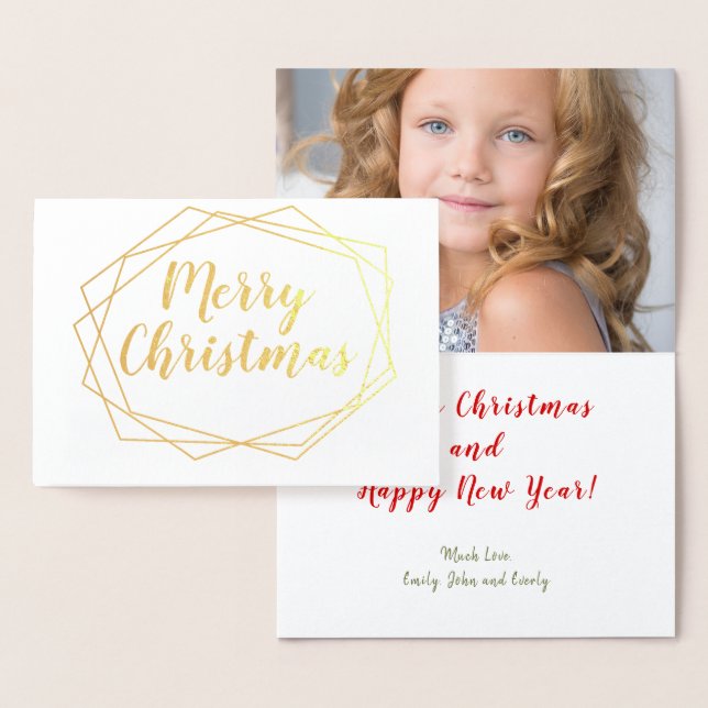 Geometric Frame Christmas Real Gold Foil Photo Card (Display)