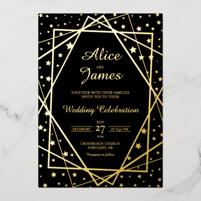 Geometric Frame Elegant Black Gold Foil Wedding Invitation (Front)