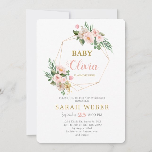 Geometric frame floral baby girl shower invitation (Front)