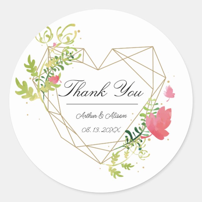 Geometric Frame Floral Wedding Favor Thank You  Classic Round Sticker (Front)