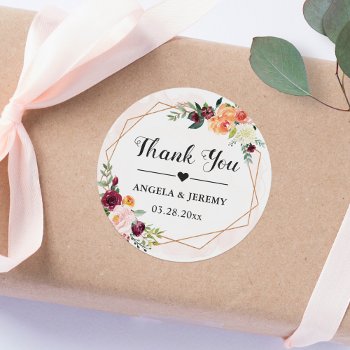 Geometric Frame Floral Wedding Favor Thank You Classic Round Sticker by CardHunter at Zazzle