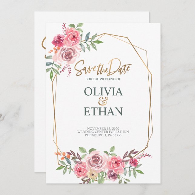 Geometric Frame Floral Wedding Invitation Template (Front/Back)