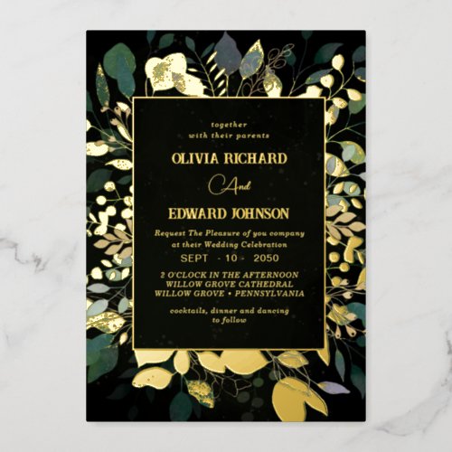 Geometric frame green and gold foliage gold foil invitation