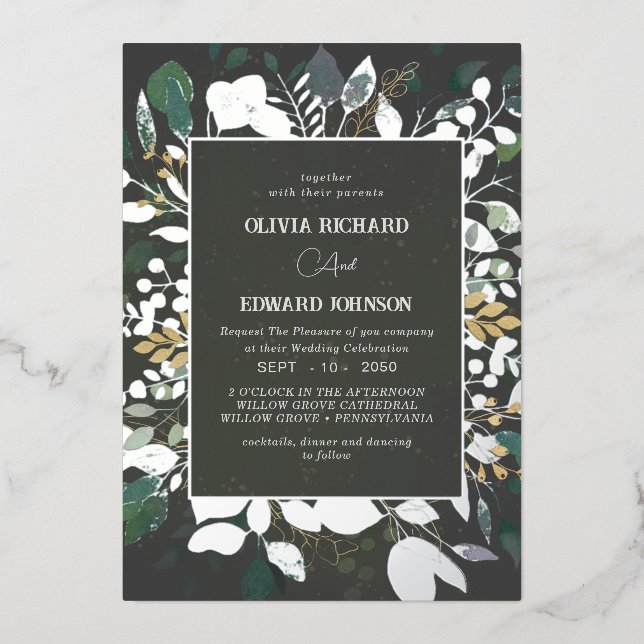 Geometric frame green and gold leaves silver  foil invitation (Front)