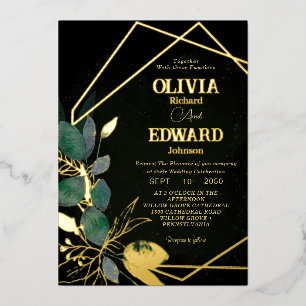 Geometric frame green leave and gold Black Wedding Foil Invitation