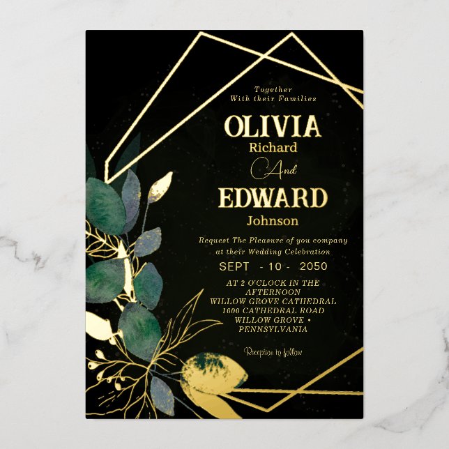 Geometric frame green leave and gold Black Wedding Foil Invitation (Front)