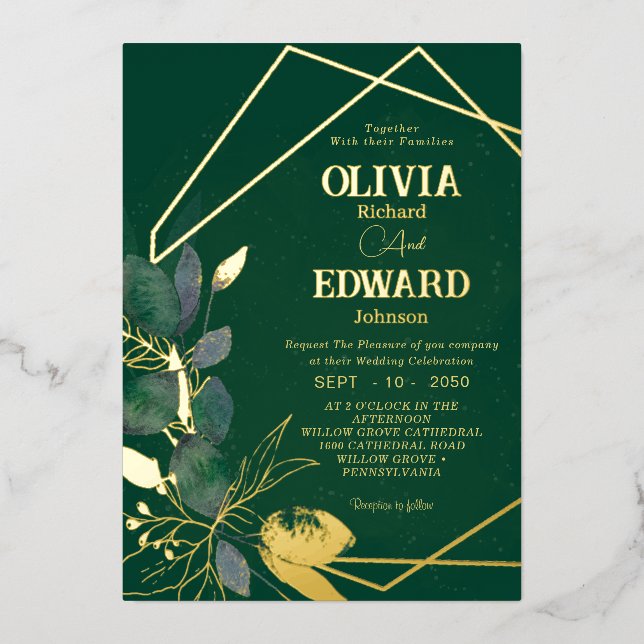 Geometric frame green leave and gold Foil Wedding  Invitation (Front)