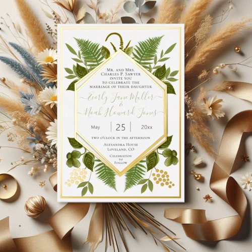 Geometric Frame Lucky In Love  Gold Wedding     F Foil Invitation