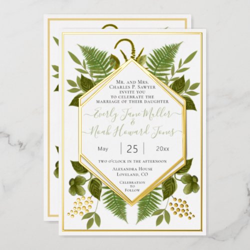 Geometric Frame Lucky In Love  Gold Wedding     F Foil Invitation