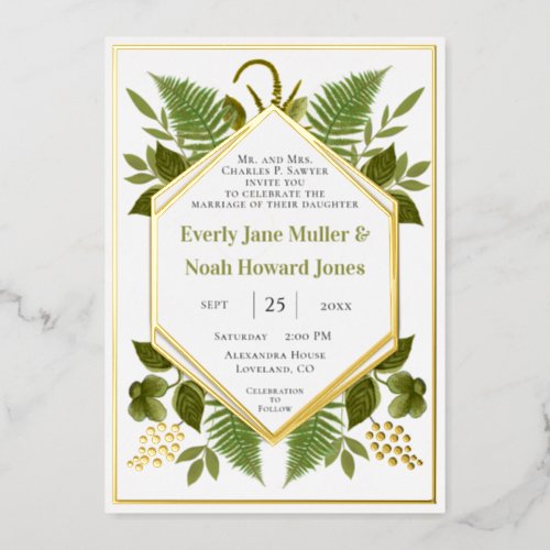 Geometric Frame Lucky In Love  Gold Wedding       Foil Invitation