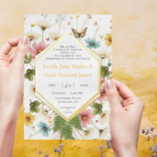 Geometric Frame Lucky In Love Gold Wedding       Foil Invitation