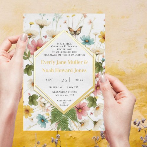 Geometric Frame Lucky In Love Gold Wedding       Foil Invitation