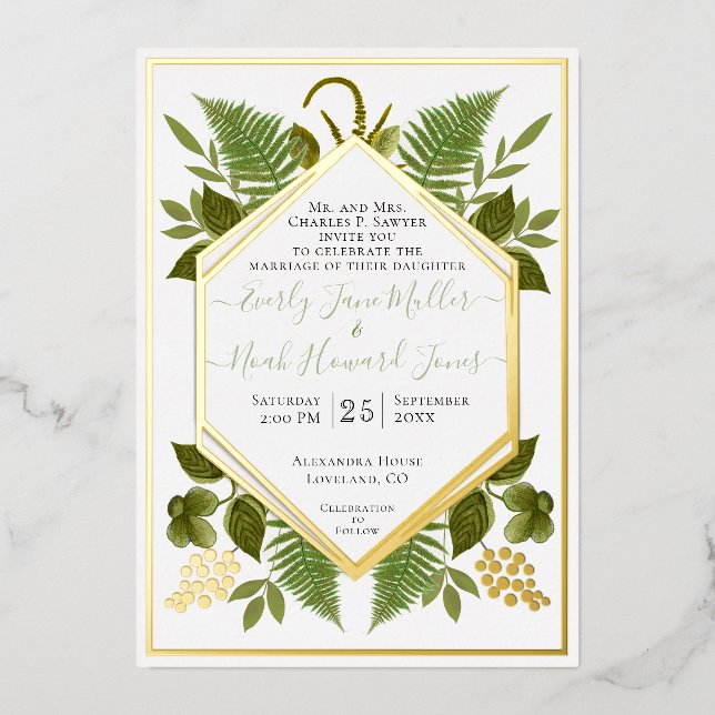 Geometric Frame Lucky In Love & Gold Wedding       Foil Invitation (Front)