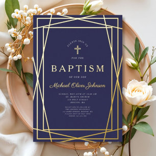 Geometric Frame Navy Blue Boy Baptism Gold Foil Invitation