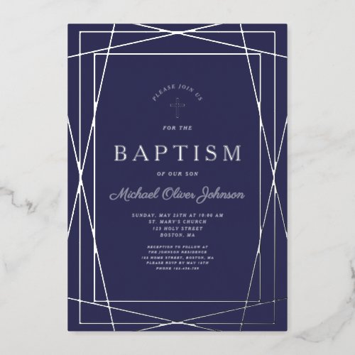 Geometric Frame Navy Blue Boy Baptism Silver Foil Invitation