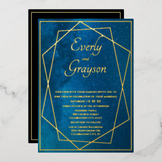 Geometric Frame Night Sky Blue & Gold Wedding Foil Invitation