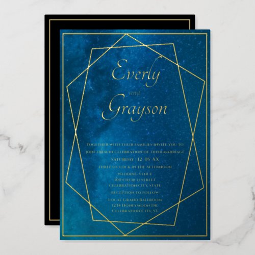 Geometric Frame Night Sky Blue  Gold Wedding    Foil Invitation
