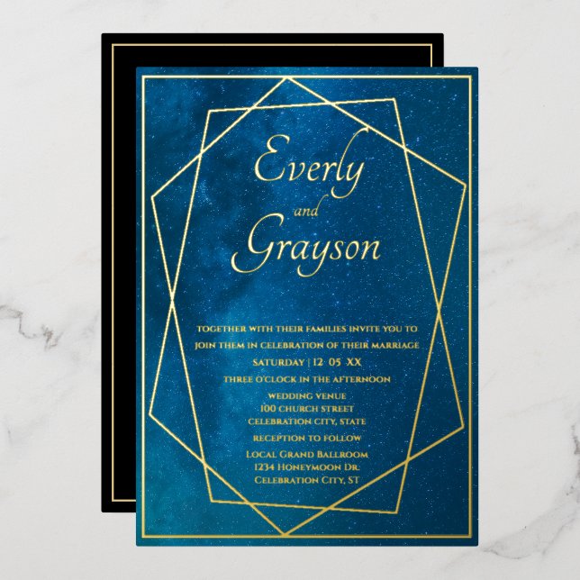 Geometric Frame Night Sky Blue & Gold Wedding    Foil Invitation (Front/Back)