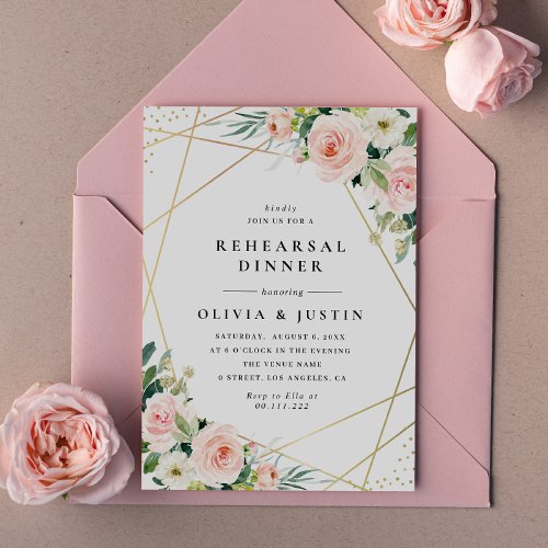 geometric frame pink blush floral rehearsal dinner invitation