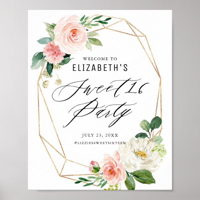 Geometric Frame Pink Floral Sweet Sixteen Welcome Poster (Front)