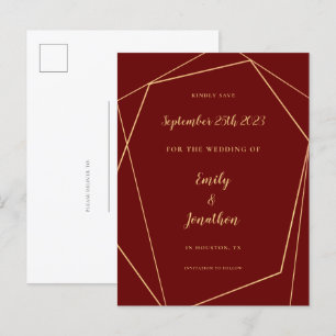 Geometric Frame Script Burgundy Gold Wedding Save  Announcement Postcard