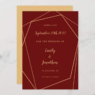Geometric Frame Script Burgundy Gold Wedding Save Save The Date