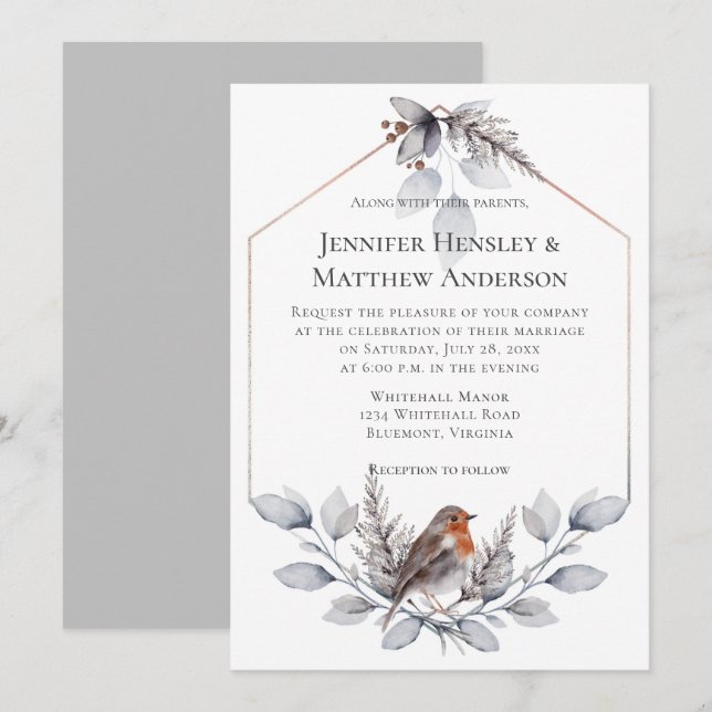 Geometric Frame Silver Gray Rust Leaves Bird Invit Invitation (Front/Back)