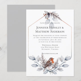 Geometric Frame Silver Gray Rust Leaves Bird Invit Invitation
