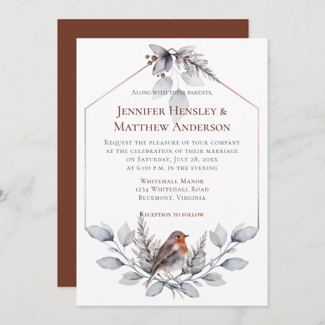 Geometric Frame Silver Gray Rust Leaves Bird Invitation (Front/Back)