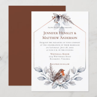 Geometric Frame Silver Gray Rust Leaves Bird Invitation