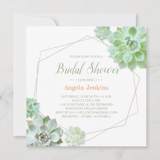 Geometric Frame Succulents Bridal Shower Invitation (Front)