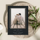 Geometric Frame | Vertical Photo Save the Date Foil Invitation<br><div class="desc">A modern and minimalist save the date design with chic geometric accents. Your vertical photo is framed by a double geometric border in rose gold foil, with your wedding details beneath. An ethereal calligraphy script accent adds a touch of softness to this simple and minimal design. Add additional details to...</div>
