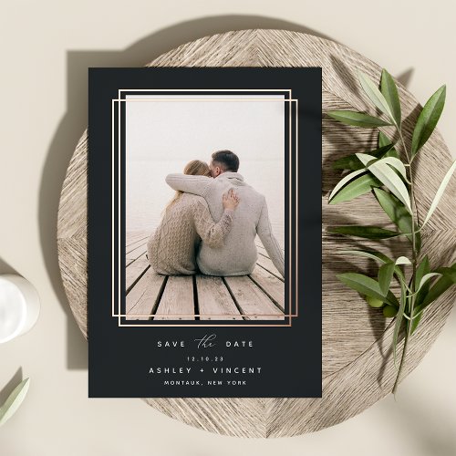 Geometric Frame  Vertical Photo Save the Date Foil Invitation