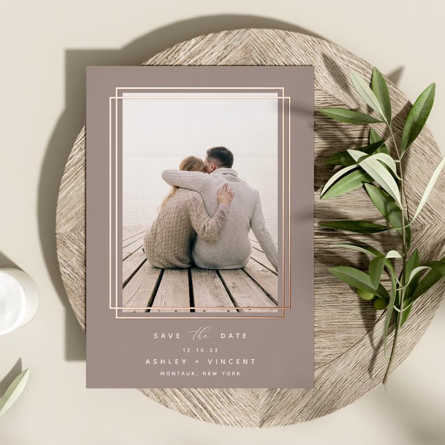 Geometric Frame | Vertical Photo Save the Date Foil Invitation (Creator Uploaded)