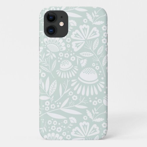 Geometric Garden Floral in White on Pale Mint iPhone 11 Case