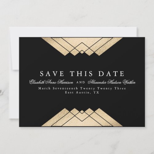 Geometric Gatsby Gold Faux Foil Save This Date Announcement