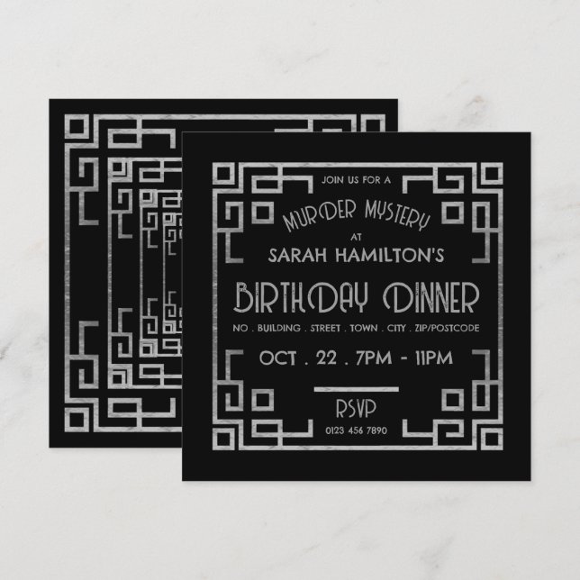 Geometric Gatsby Style, Murder Mystery Birthday Invitation (Front/Back)