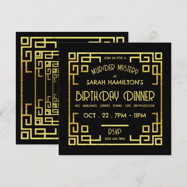 Geometric Gatsby Style, Murder Mystery Birthday Invitation (Front/Back)