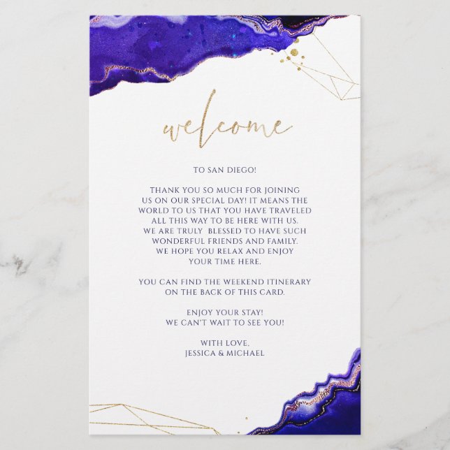 Geometric Geode Blue Wedding Welcome Itinerary (Front)