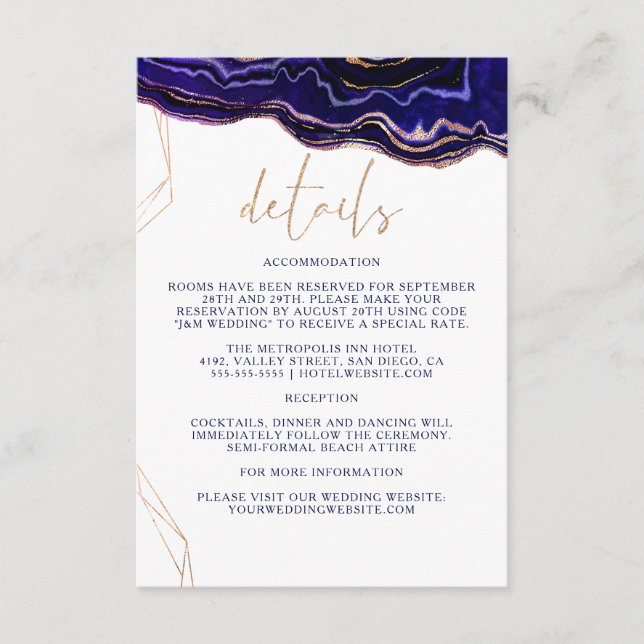 Geometric Geode Deep Blue Agate Wedding Details Enclosure Card (Front)