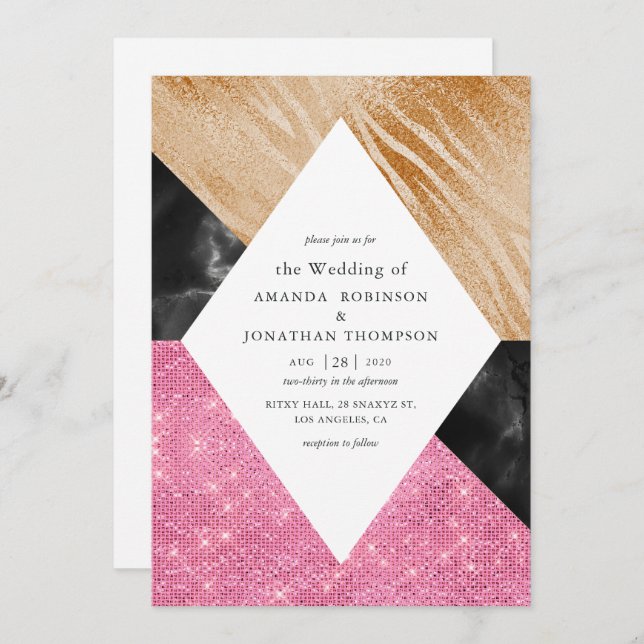 Geometric Glam Faux Glitter Marble Wedding Invitation (Front/Back)