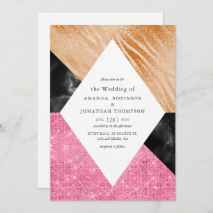 Geometric Glam Faux Glitter Marble Wedding Invitation